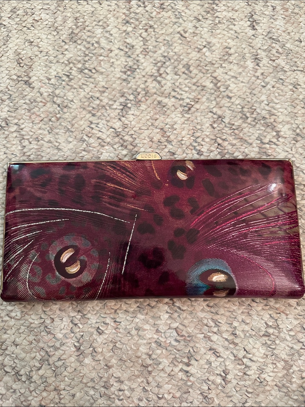 Lodis Burgundy Peacock Feather Print Slim Clutch Wallet excellent condition